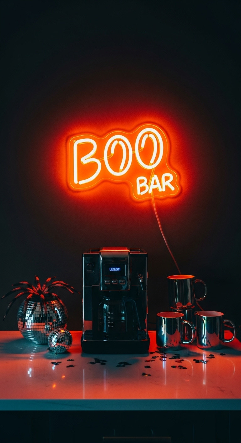 Neon Boo Bar Halloween kitchen coffee bar with glowing orange sign sleek coffee maker disco ball planter and iridescent mugs