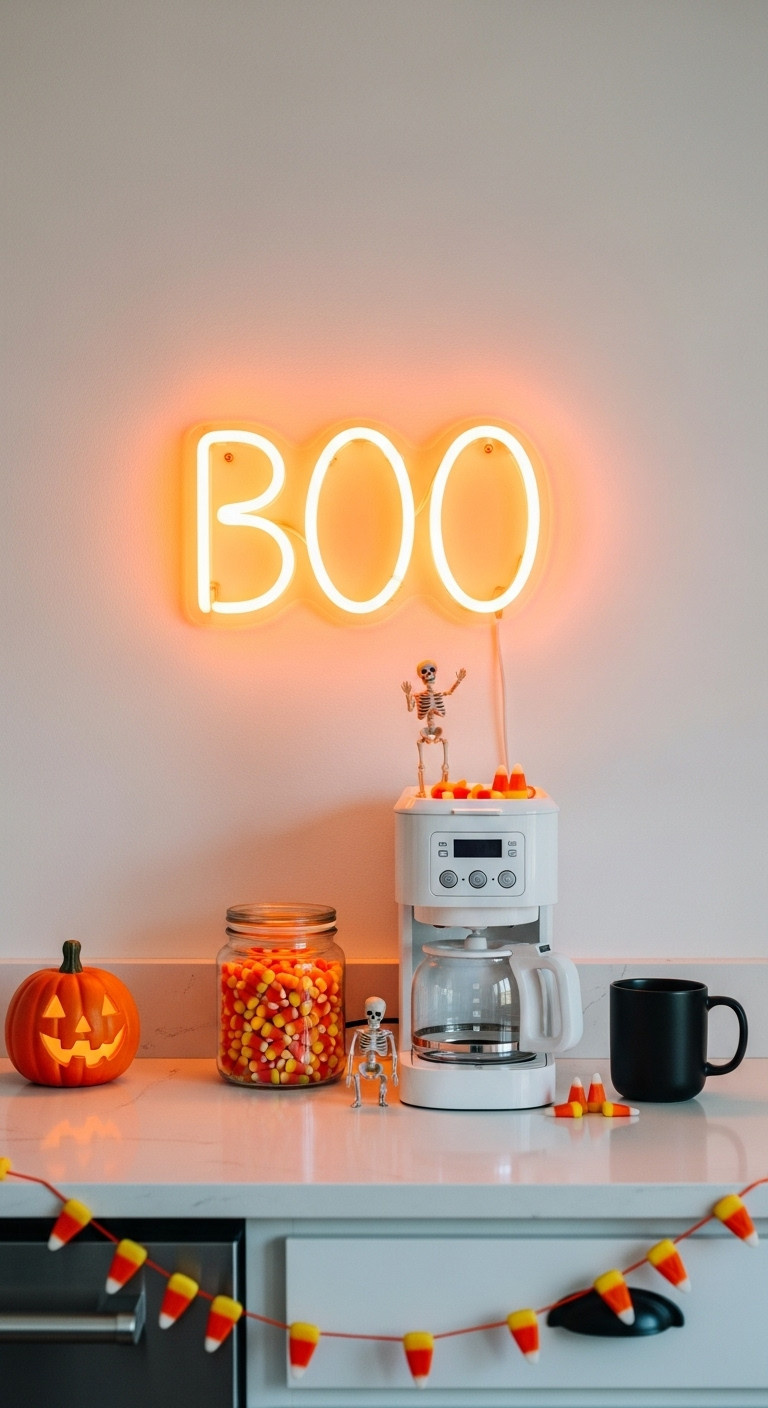 Neon Boo Glow Halloween coffee corner with orange neon Boo sign white coffee maker candy corn jar skeleton accents black mug