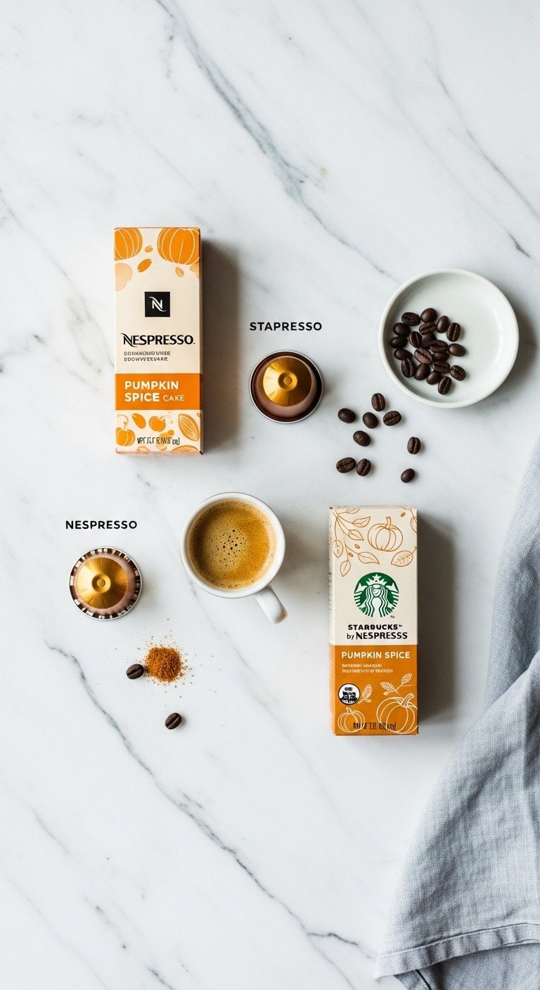 Nespresso Pumpkin Spice Cake and Starbucks pods side-by-side with coffee cup on white marble; comparing pumpkin flavors.