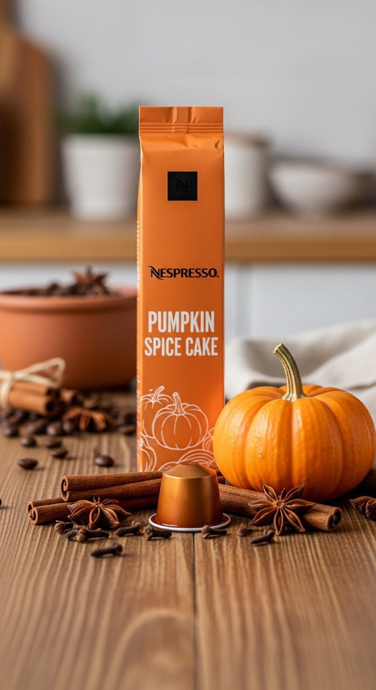 Nespresso Pumpkin Spice Cake coffee pod with cinnamon sticks, cloves, star anise, mini pumpkin on rustic table; cozy fall scene.