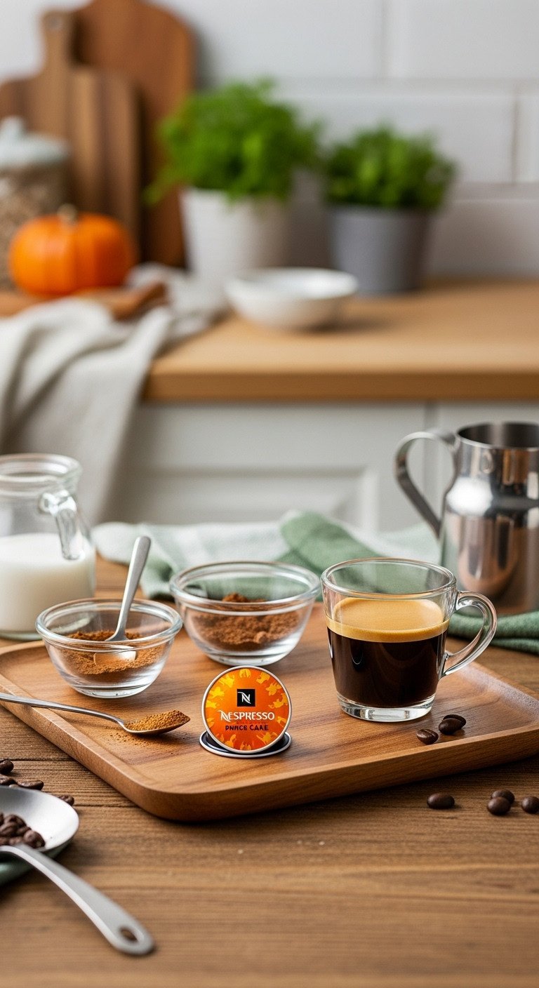 Nespresso Pumpkin Spice Cake pod, espresso shot, spices on wooden tray; customizable pumpkin coffee preparation.