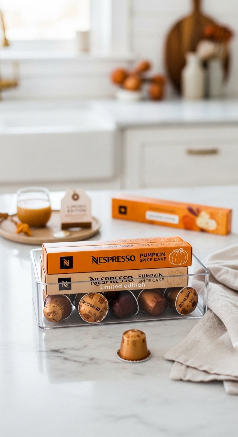 Nespresso Pumpkin Spice Cake pods in clear organizer on marble counter, subtle autumn decor; organized fall coffee.