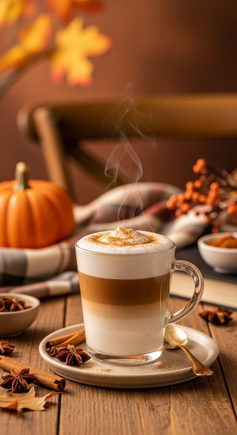Nespresso Pumpkin Spice Latte in glass mug with frothed milk, cinnamon, nutmeg on rustic table; cozy autumn coffee.