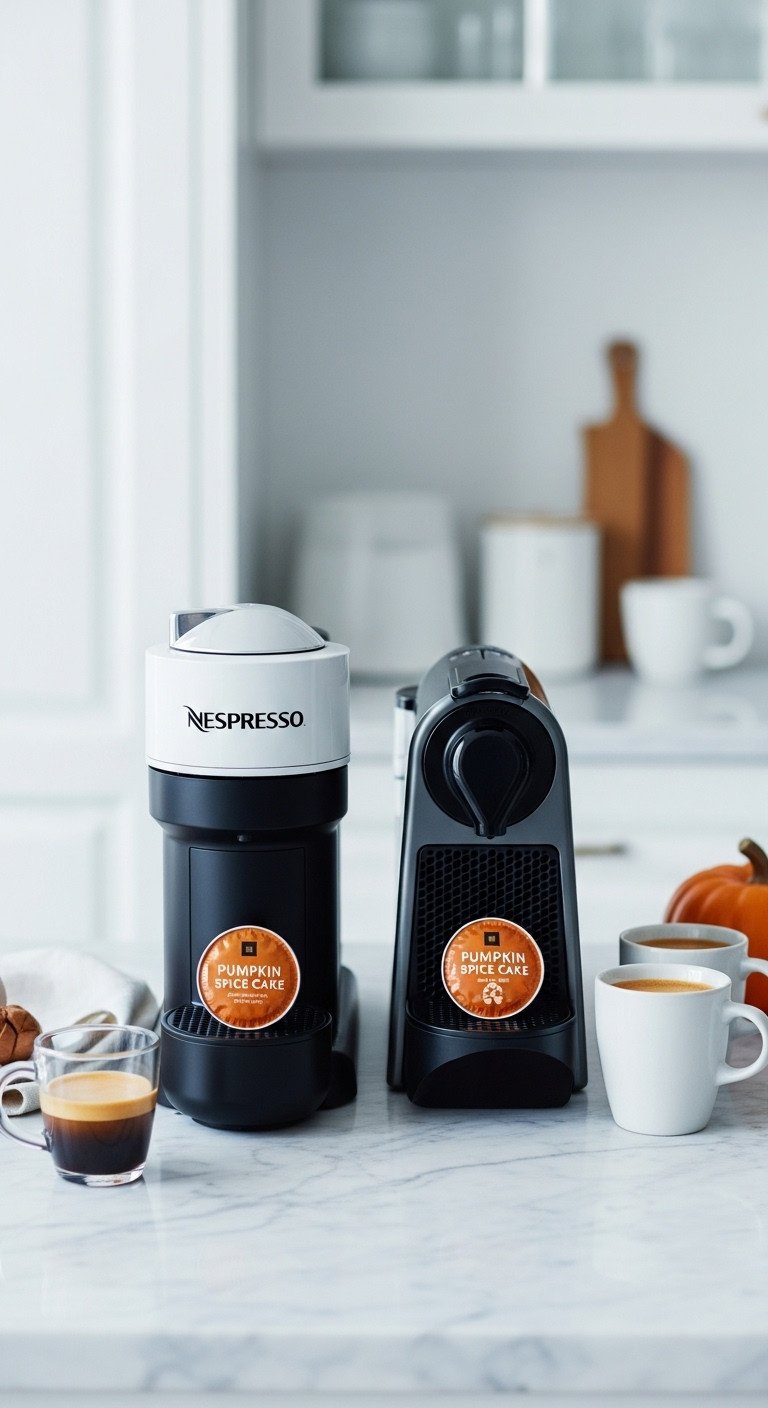 Nespresso Vertuo and Original Line machines with Pumpkin Spice Cake pods on marble counter, two mugs; sleek coffee setup.