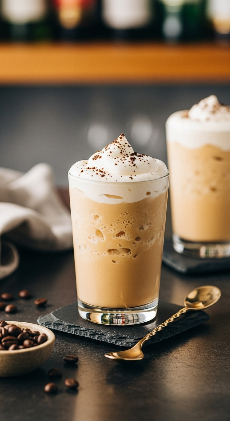 New Orleans frozen Irish coffee cocktail in a glass with whipped cream and coffee grounds on a coaster in a blurred bar setting
