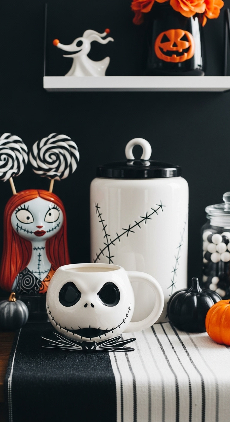 Nightmare Before Christmas themed coffee bar with Jack Skellington mug Sally canister Zero figurine pumpkins and black white candies