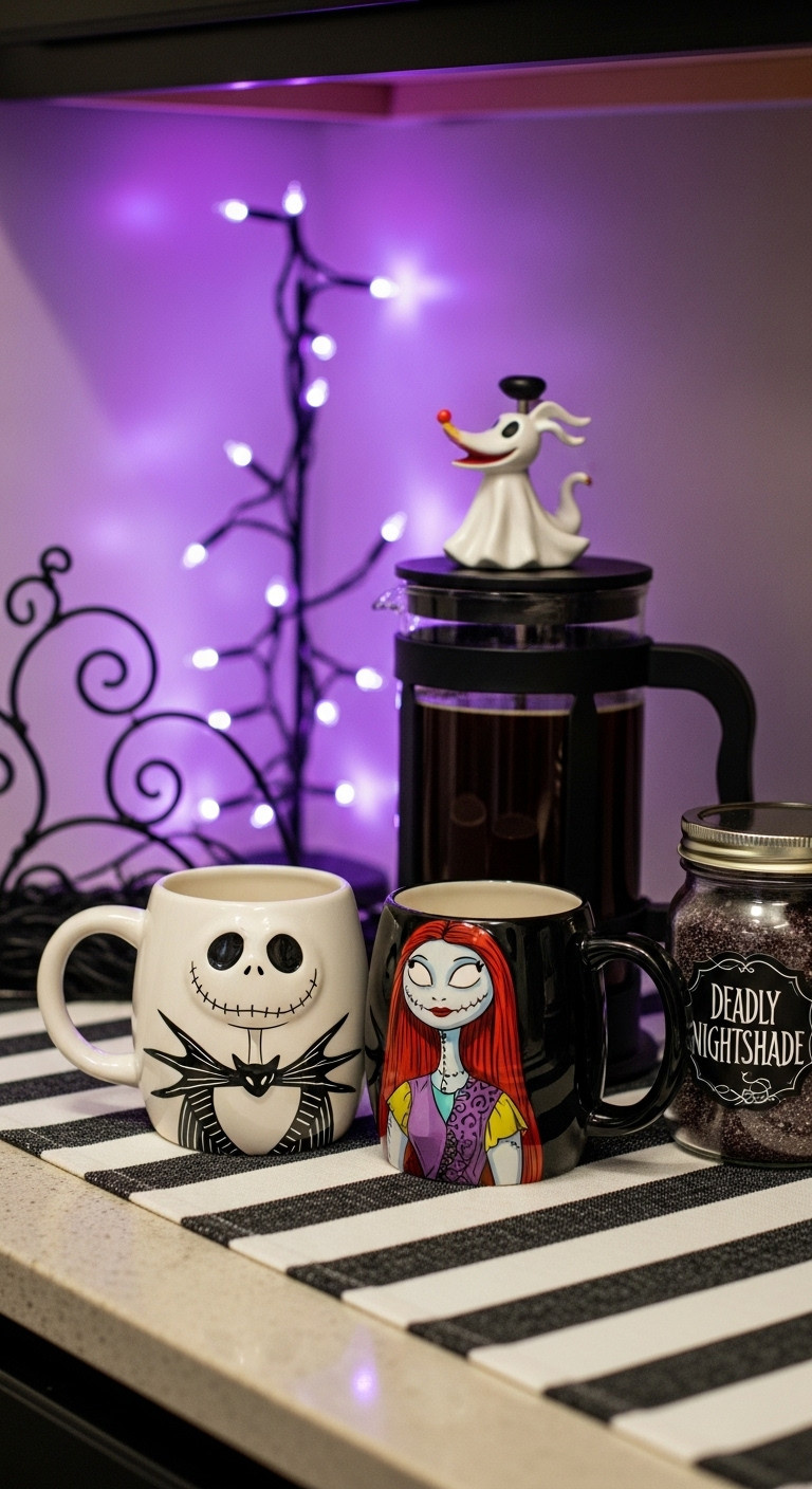 Nightmare Before Coffee Halloween coffee corner with Jack Skellington Sally mugs Zero figurine French press striped runner purple fairy lights