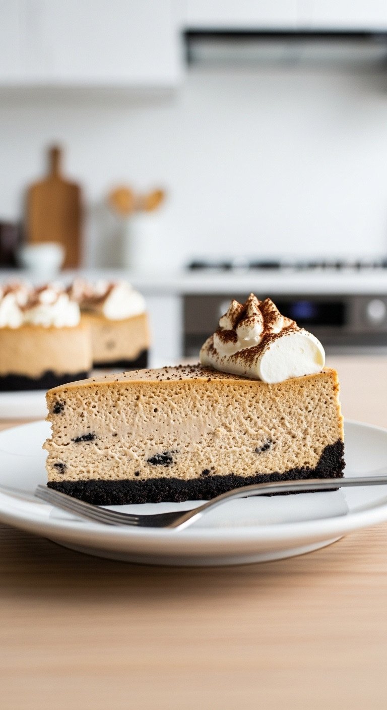 11 Effortless Cold Coffee Dessert Recipes To Make Today 7 No-bake coffee cheesecake slice: creamy pale brown filling, dark Oreo crust, whipped cream, cocoa powder, on white plate, light wood table.