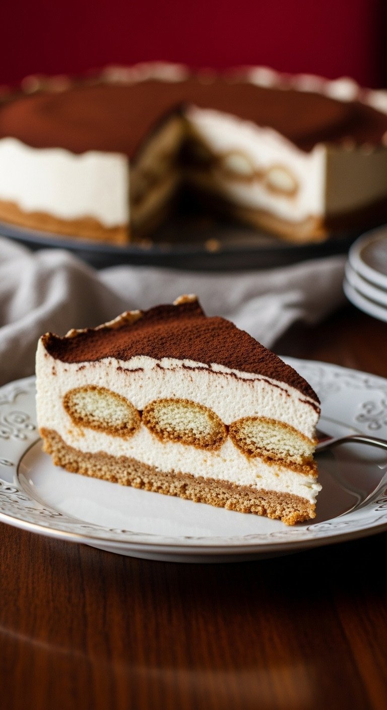 11 Effortless Cold Coffee Dessert Recipes To Make Today 9 No-bake tiramisu pie slice: coffee ladyfingers, mascarpone cream, dark cocoa, on ornate china plate, dark wood table.