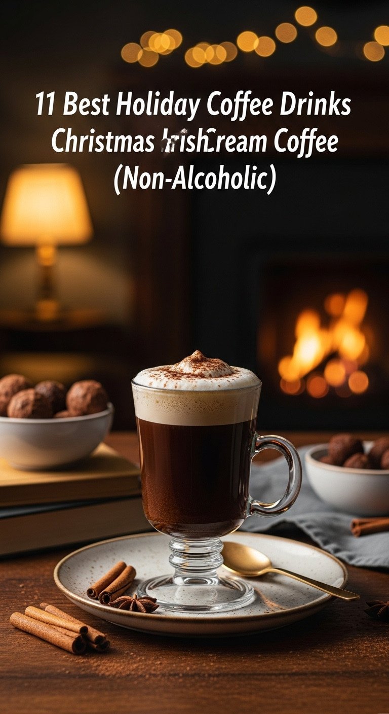 Non-alcoholic Irish cream coffee in a traditional glass with creamy foam and cocoa powder on a dark wood table