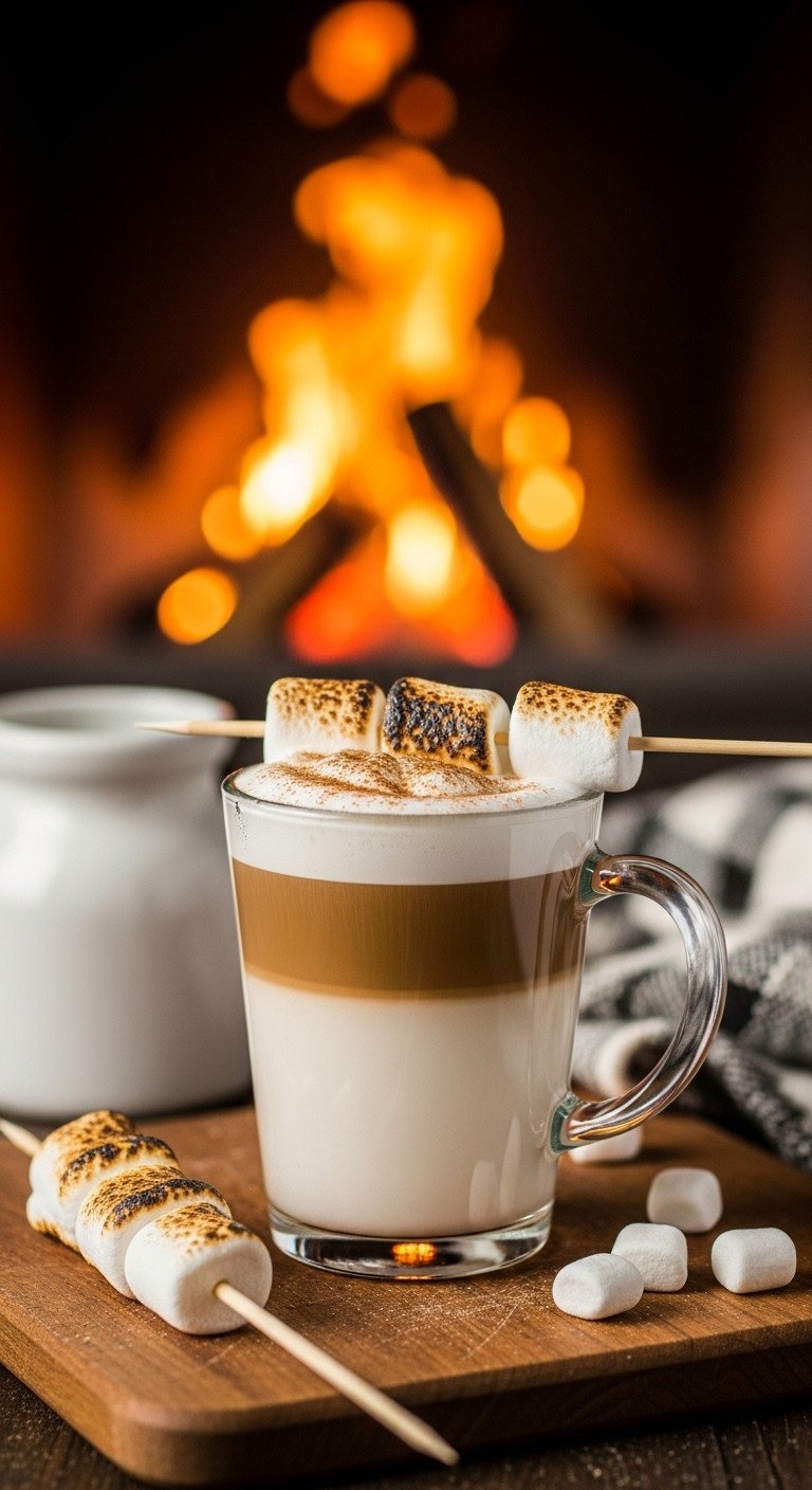 Nostalgic Toasted Marshmallow Macchiato on a wooden board with a blurred crackling bonfire in the background