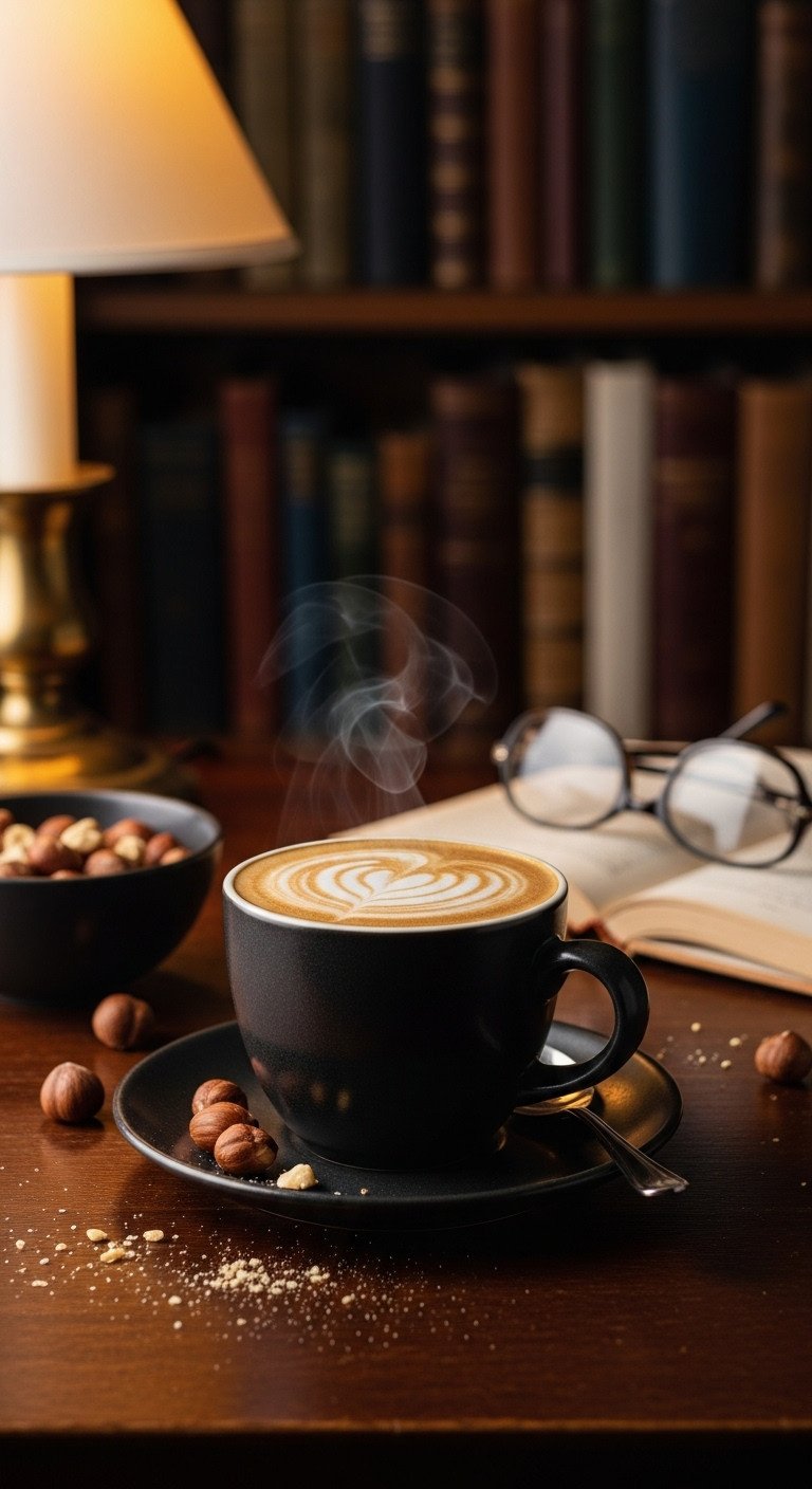 Nutty Hazelnut Praline Coffee in a dark mug with milk and toasted hazelnuts on a wooden table by a bookshelf