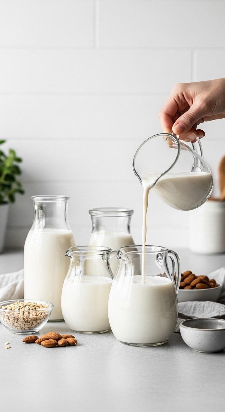 Oat milk, almond milk, half-and-half pouring into glass pitchers. Nuts, oats on gray countertop.