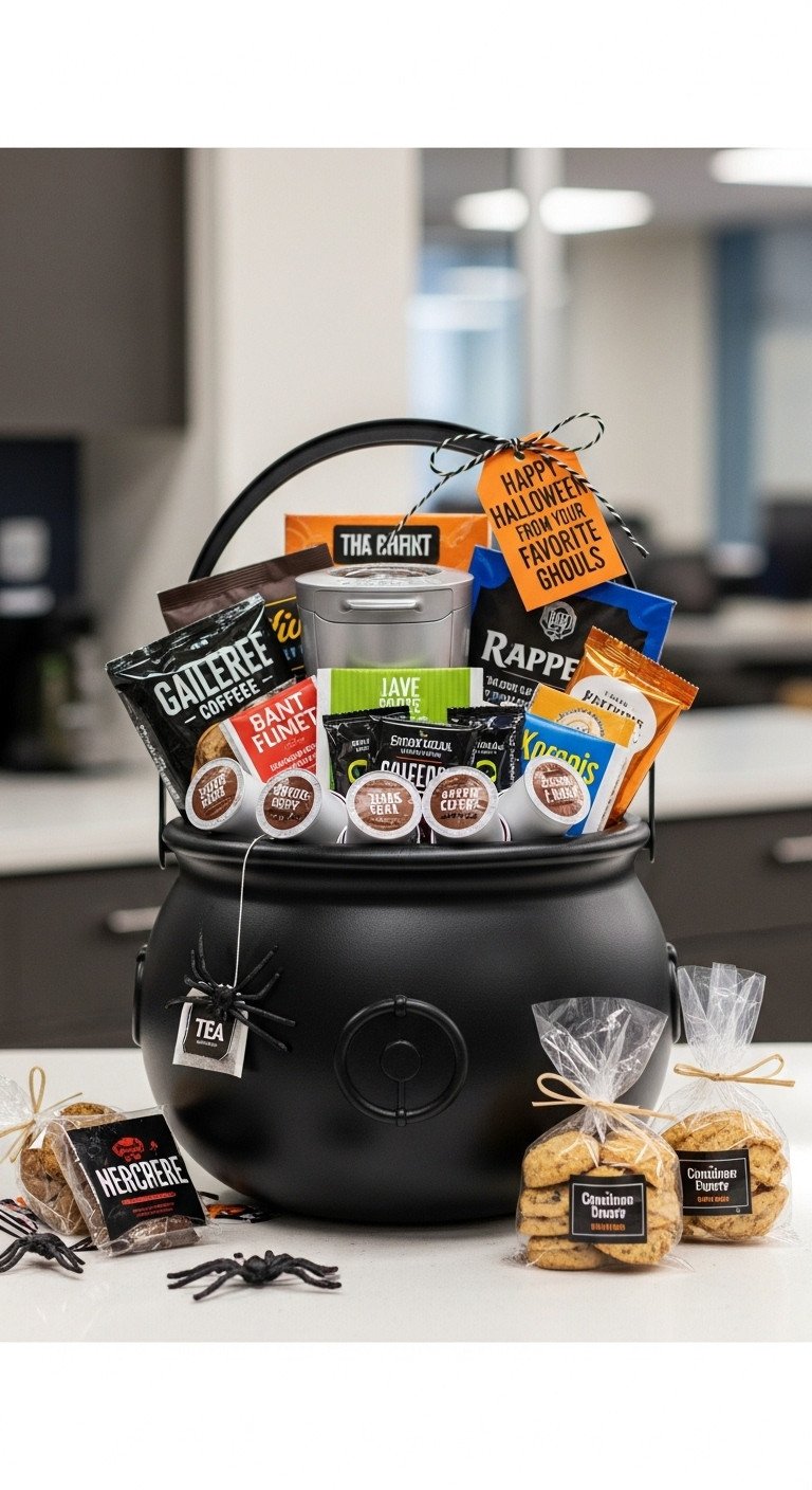 Office-Friendly Cauldron Treat Share Halloween coffee gift with coffee pods, tea bags, chocolate, and cookies