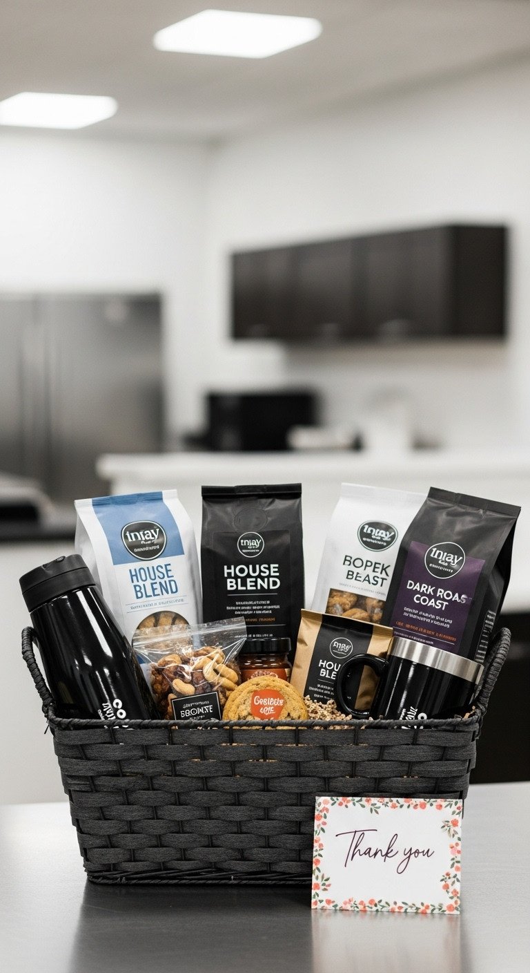 Office appreciation coffee gift basket with coffee blends gourmet snacks and branded thermal bottles or mugs
