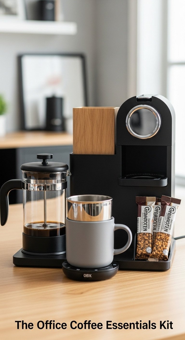 Office coffee essentials birthday gift basket with single-serve French press mug warmer organizer and granola bars on a desk