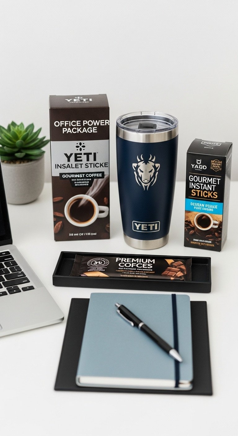 Office power up Yeti gift package with engraved tumbler instant coffee chocolate notebook and pen on desk