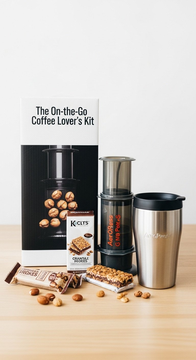 On the Go Coffee Lovers Kit with AeroPress travel mug K-Cups and granola bars in a modern gift box on a light wood surface