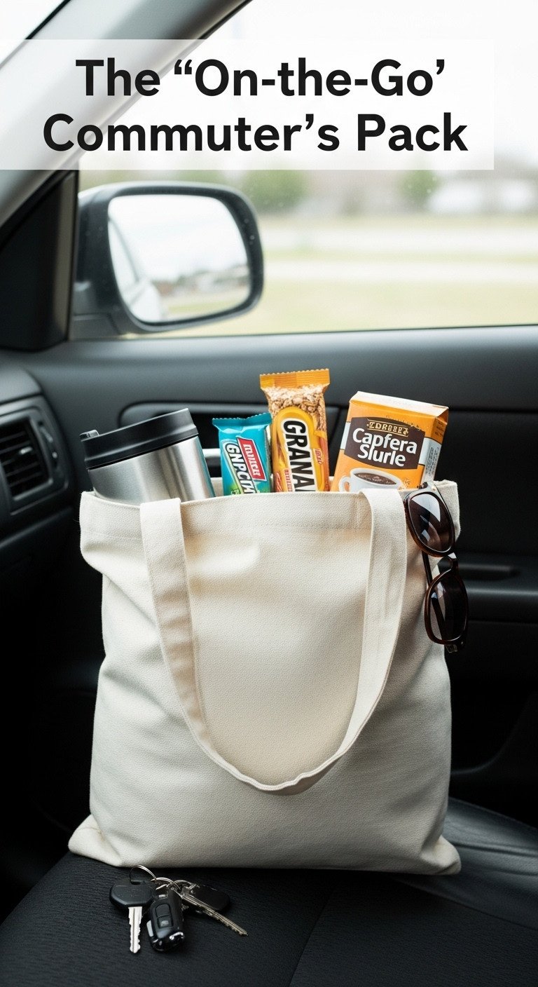 On-the-Go Commuters Pack Dollar Tree coffee gift basket with insulated mug granola bar and coffee packets in a tote bag on a car seat