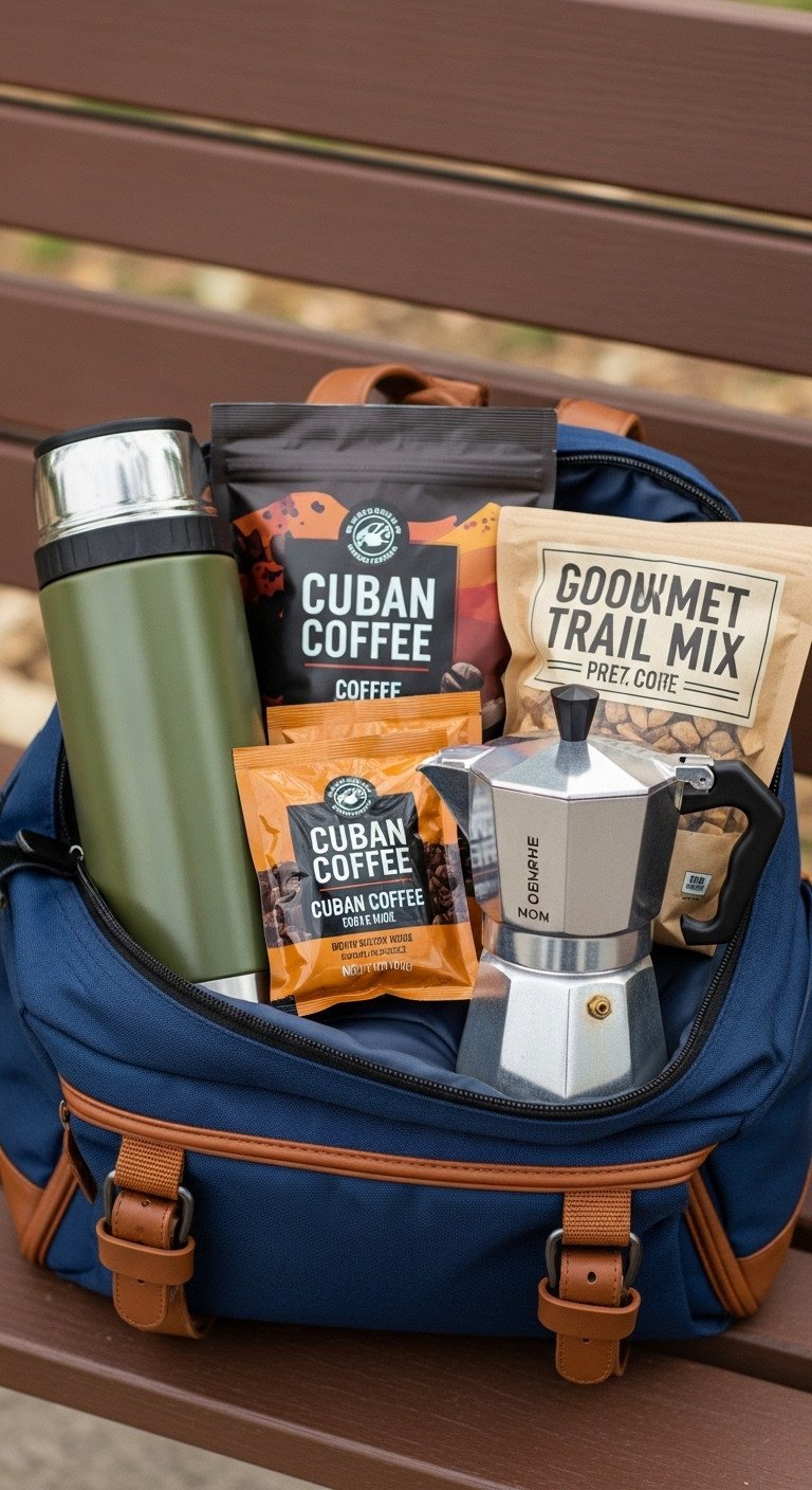 On the go Cuban coffee gift basket with travel thermos Moka pot single serving coffee and trail mix
