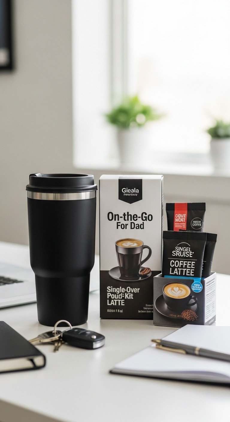 On-the-go coffee gift basket for dad with matte black travel mug pour-over latte kits and instant coffee on a desk