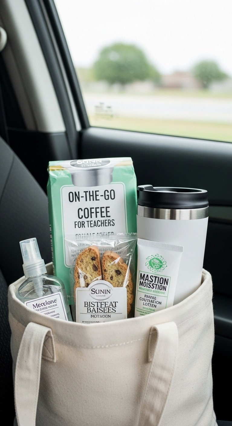 On-the-go coffee gift basket for teachers with travel mug single-serve coffee and biscotti in a canvas tote bag on a car seat