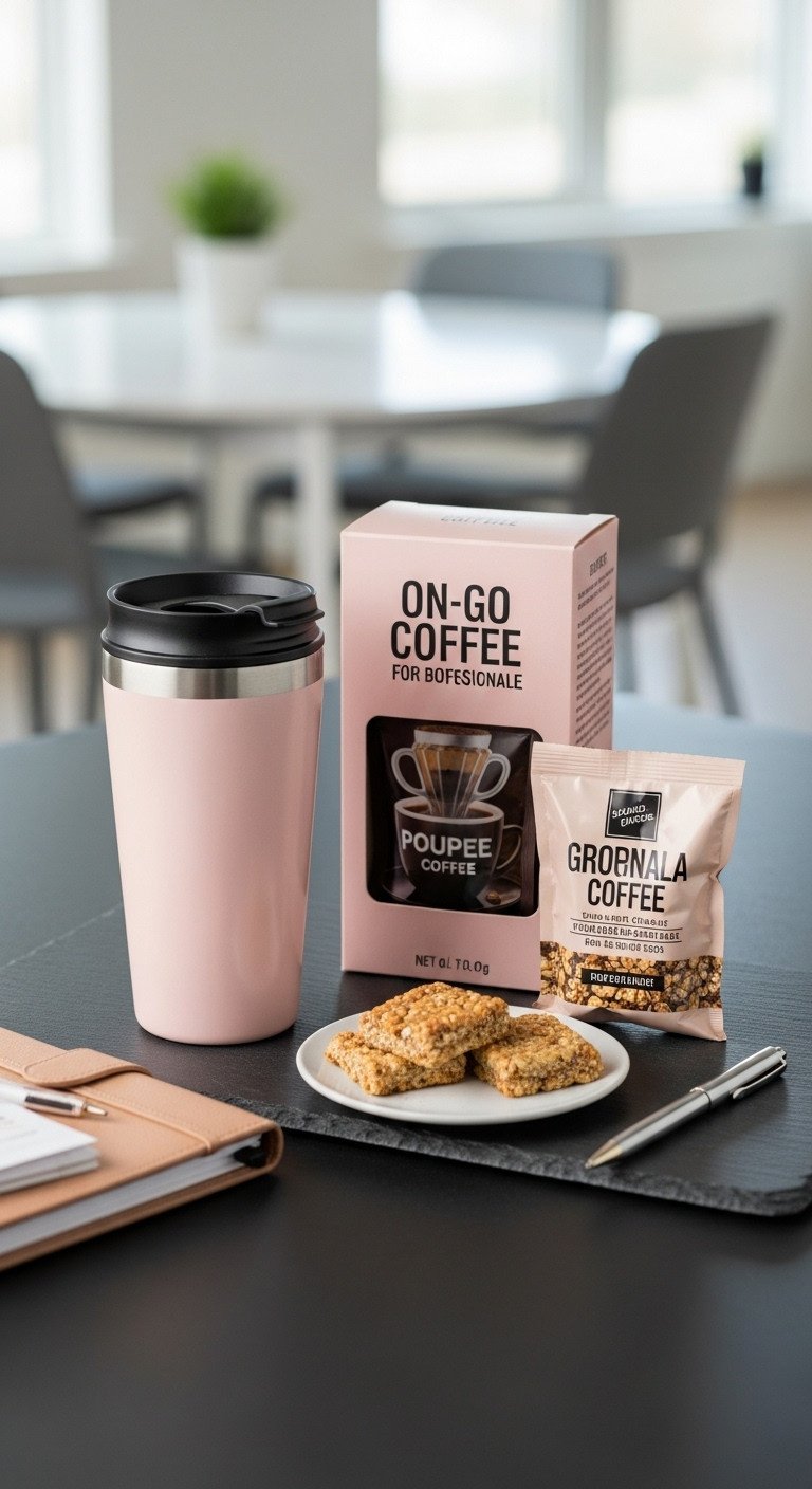 On-the-go coffee gift basket with travel mug pour-over packets and granola bars on a slate surface