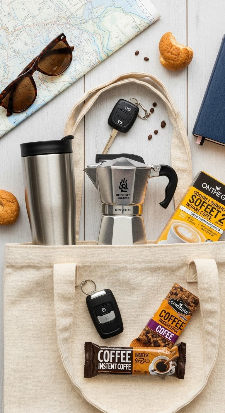 On-the-go coffee lover Easter basket with travel mug portable espresso maker instant coffee and energy bars in a canvas tote