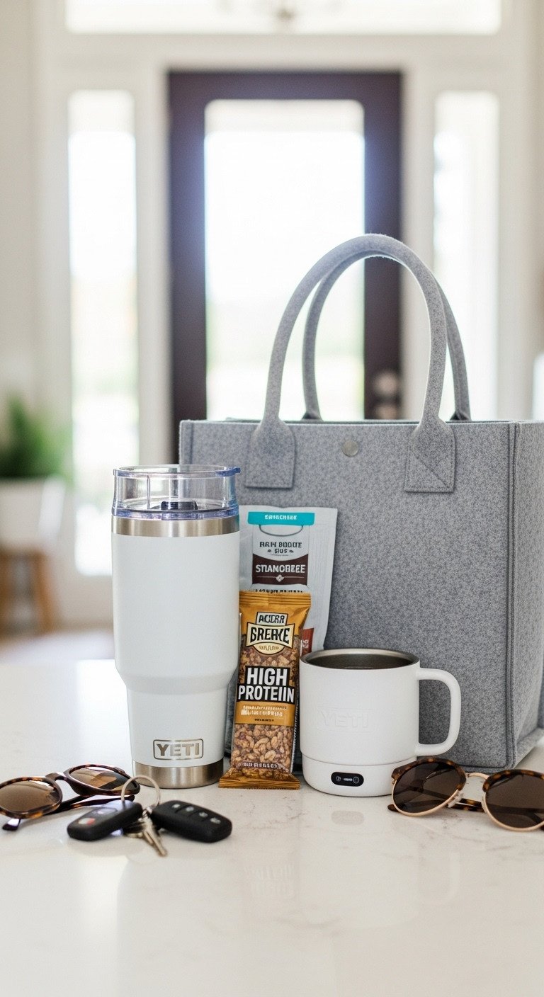 On the go commuter Yeti gift kit with travel mug coffee packets granola bar and mug warmer in a felt tote