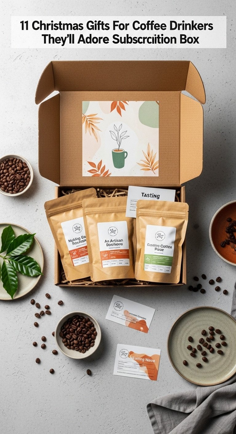 Open artisan coffee subscription box revealing artfully packaged bags of coffee beans and tasting note cards on a light-gray concrete surface