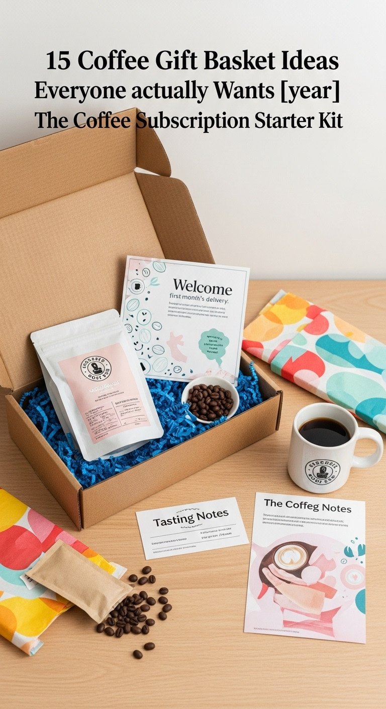 Open branded cardboard shipping box revealing freshly roasted coffee, welcome card, logo mug, and tasting notes card