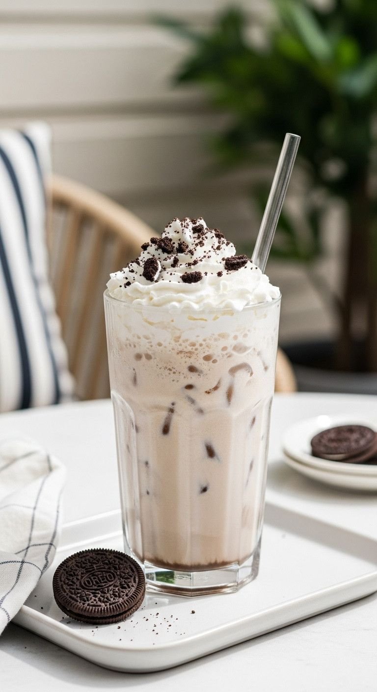 The Simple Trick To Making Flawless Oreo Iced Coffee 13 Oreo iced coffee in a tall glass, garnished with whipped cream, Oreo crumbs, and a straw, on a patio table.
