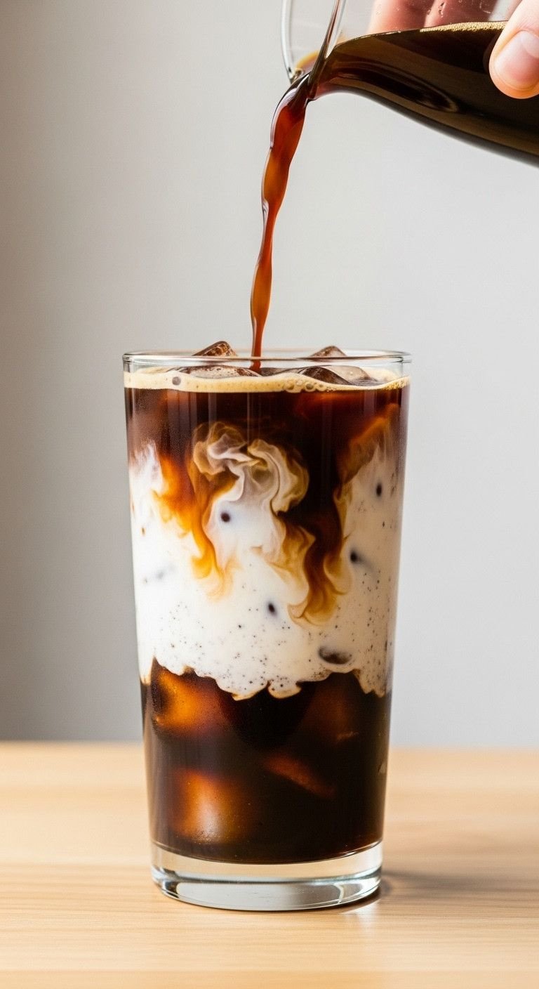 The Simple Trick To Making Flawless Oreo Iced Coffee 9 Oreo iced coffee layers in a tall glass: coffee ice cubes, creamy milk with Oreo specks, and dark coffee pouring.