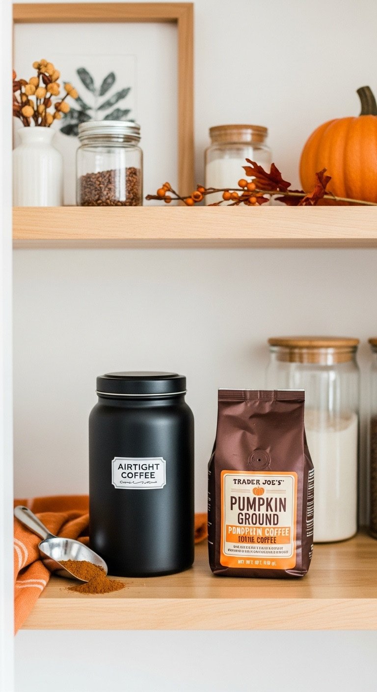 Organized pantry: Trader Joe's Pumpkin Ground Coffee bag & airtight canister on a wooden shelf with fall accents. Smart coffee storage.