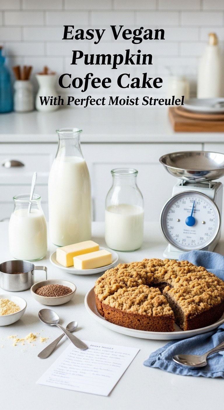 Easy Vegan Pumpkin Coffee Cake With Perfect Moist Streusel 9 Organized vegan baking workstation with plant milks, butter, flaxseed, scale on a clean white countertop, minimalist interior.