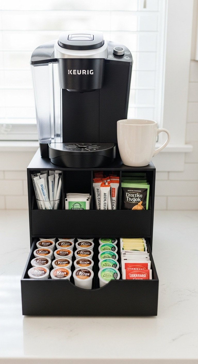 Organizers dream coffee station gift with multi tiered organizer Keurig K-Cups sugar stirrers and tea bags