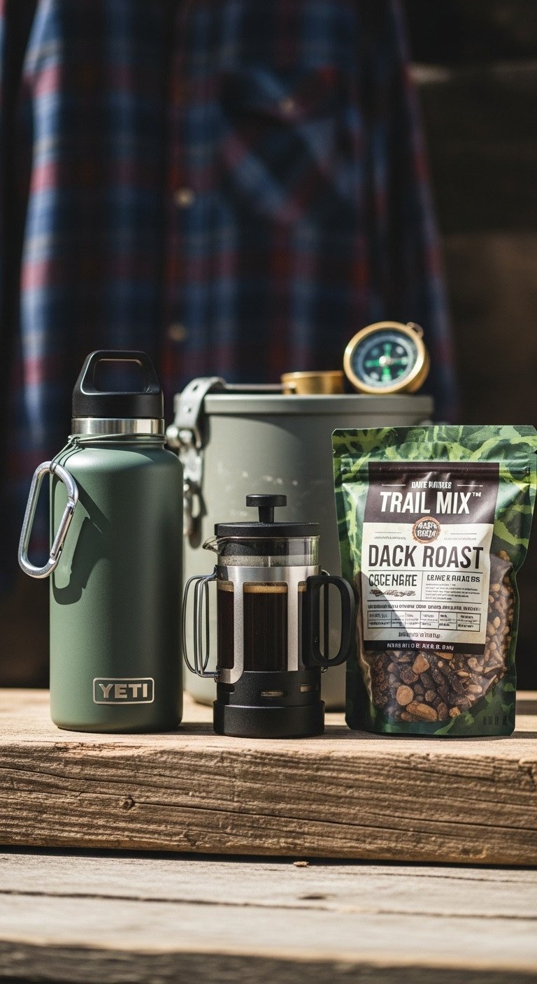 Outdoor adventurer Yeti coffee kit with Rambler bottle camping French press dark roast and trail mix