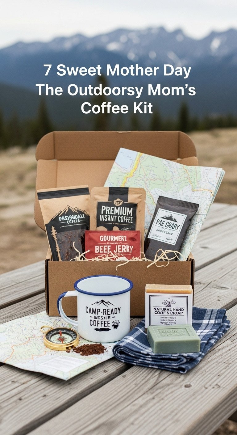 Outdoorsy mom's coffee kit Mother's Day gift basket with enamel mug instant coffee beef jerky and hand soap on a picnic table