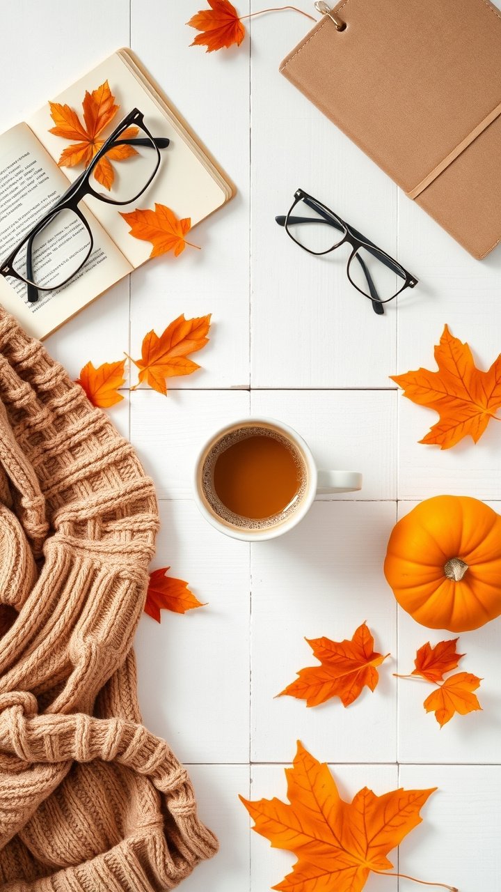 13 Cozy Pumpkin Coffee Aesthetic Ideas for Fall Vibes 19 Overhead flat lay of pumpkin coffee with glasses open journal cozy sweater small pumpkin and autumn leaves on white wooden background