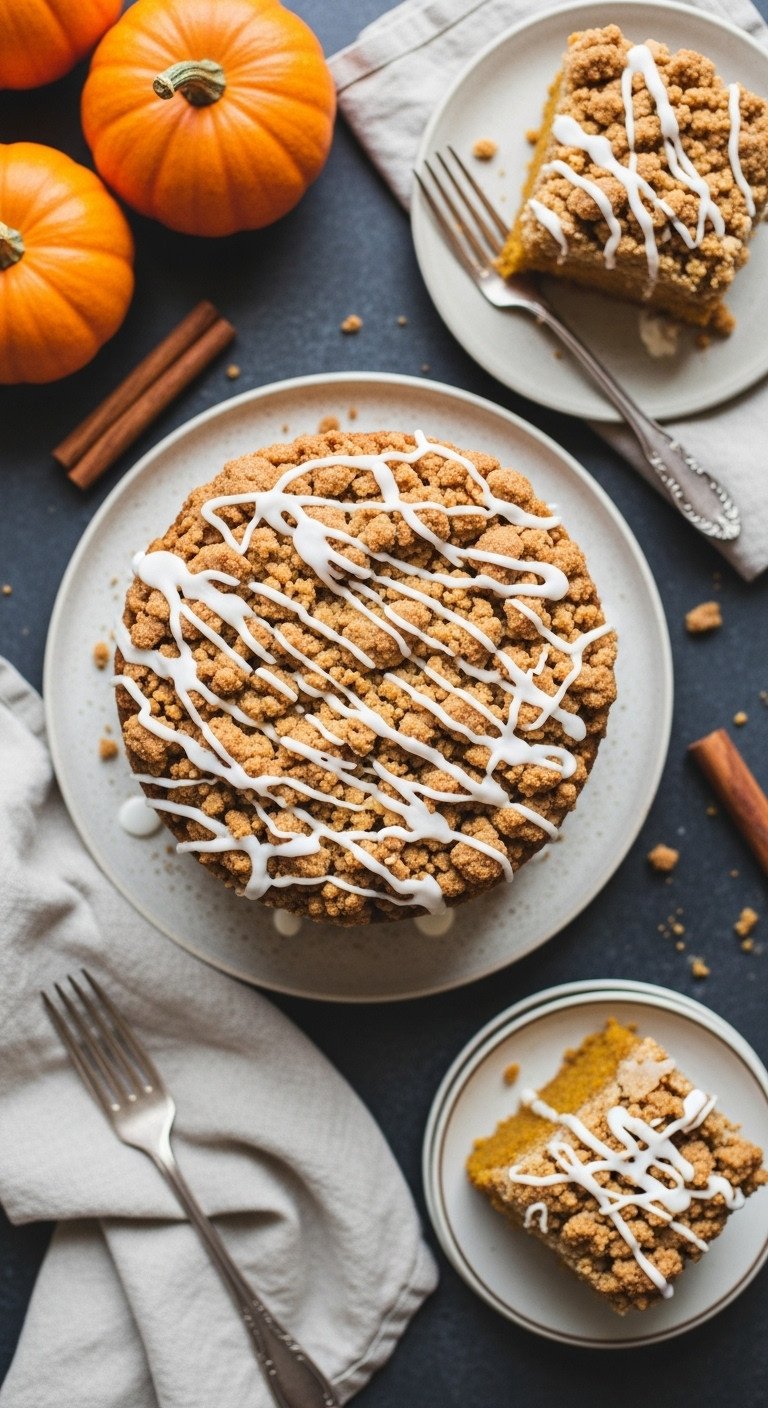 Overhead view of pumpkin coffee cake with a thick streusel layer and glaze on a vintage plate with fork and napkin