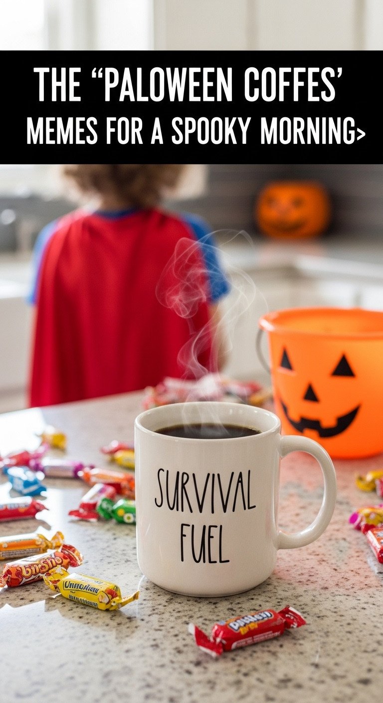 Oversized coffee mug labeled "Survival Fuel" on a kitchen island with scattered candy wrappers and a child's superhero cape in the background