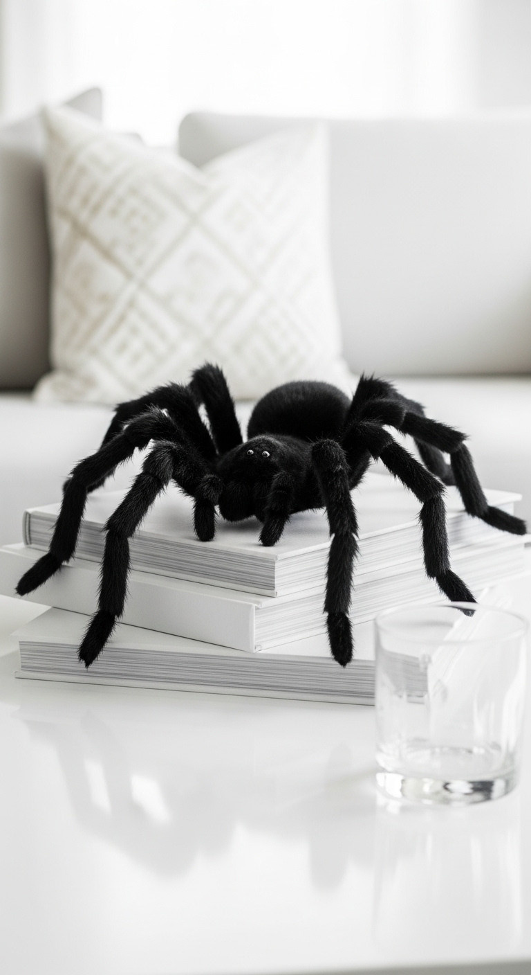 Oversized fuzzy black tarantula decoration crawling on white coffee table books for spooky Halloween decor