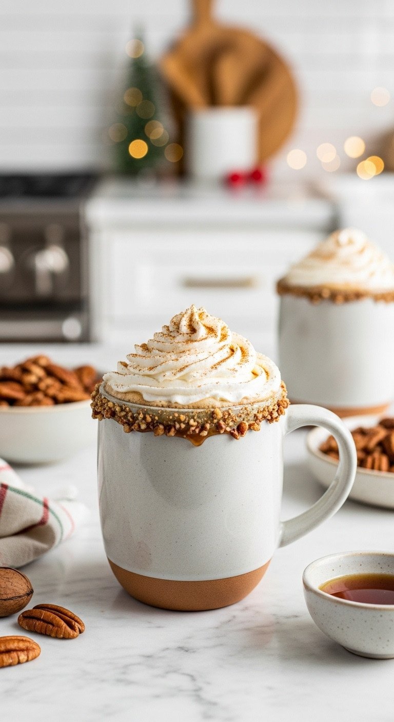 Pecan Pie Latte in a ceramic mug with whipped cream and crushed pecans on a marble countertop in a festive kitchen