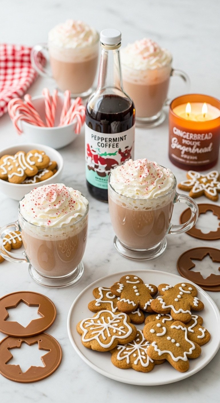Peppermint mocha and gingerbread coffee station on a marble countertop with festive mugs, cookies, and syrups. Bright holiday scene.