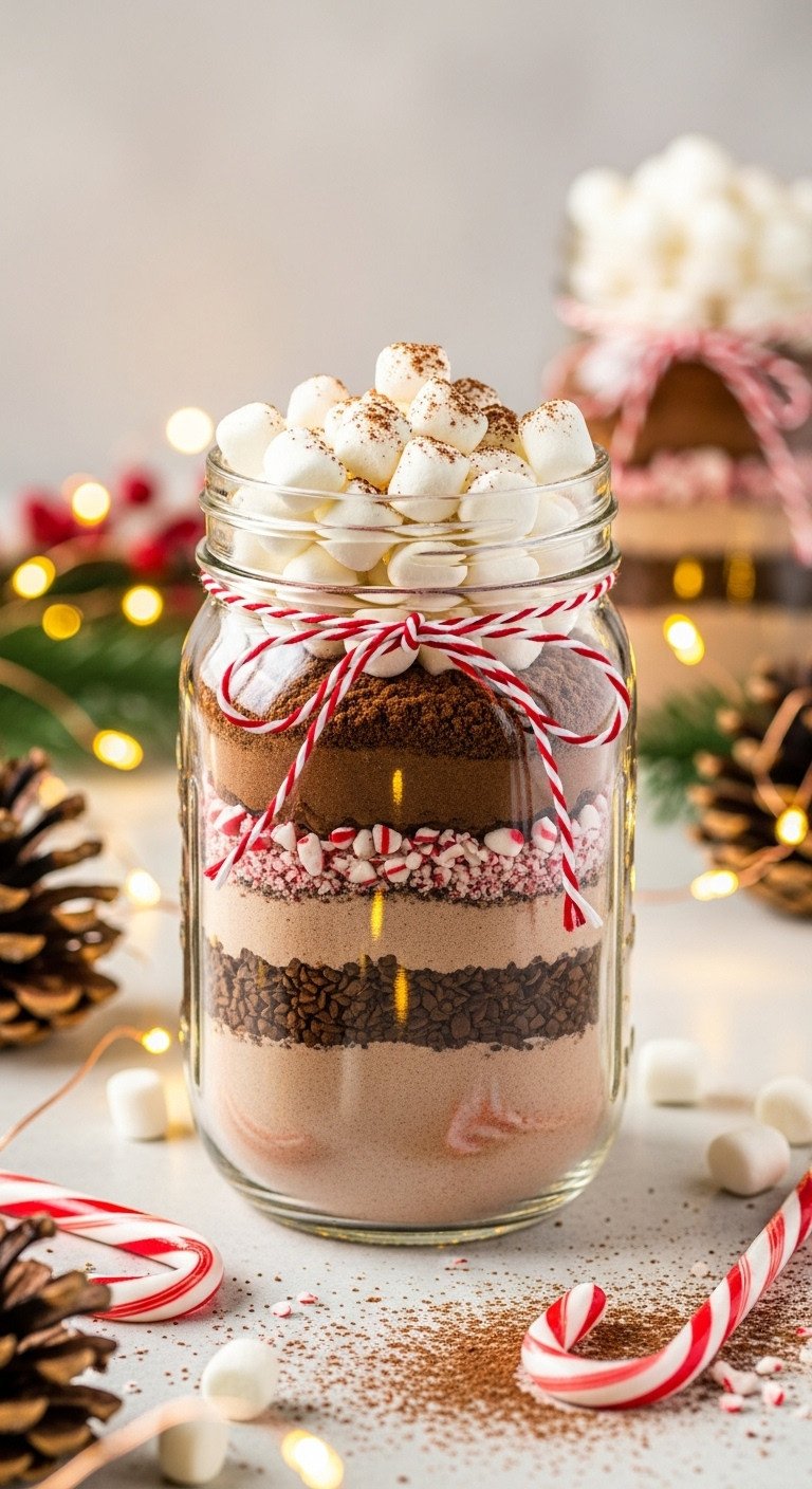 Peppermint mocha holiday jar with hot cocoa mix instant coffee crushed peppermint and marshmallows decorated with baker's twine pinecones and fairy lights