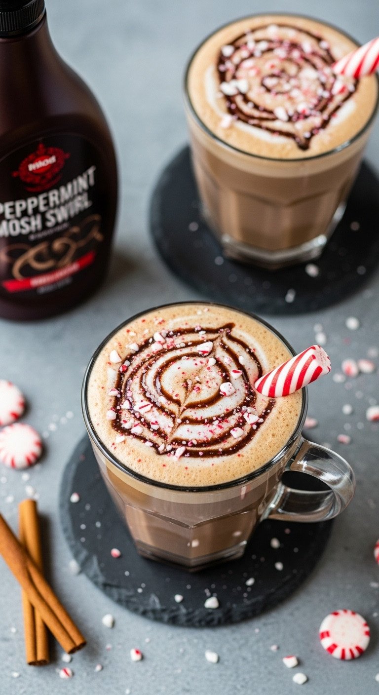 Peppermint mocha swirl coffee art with crushed peppermint candies chocolate syrup and a peppermint stick on a dark slate coaster