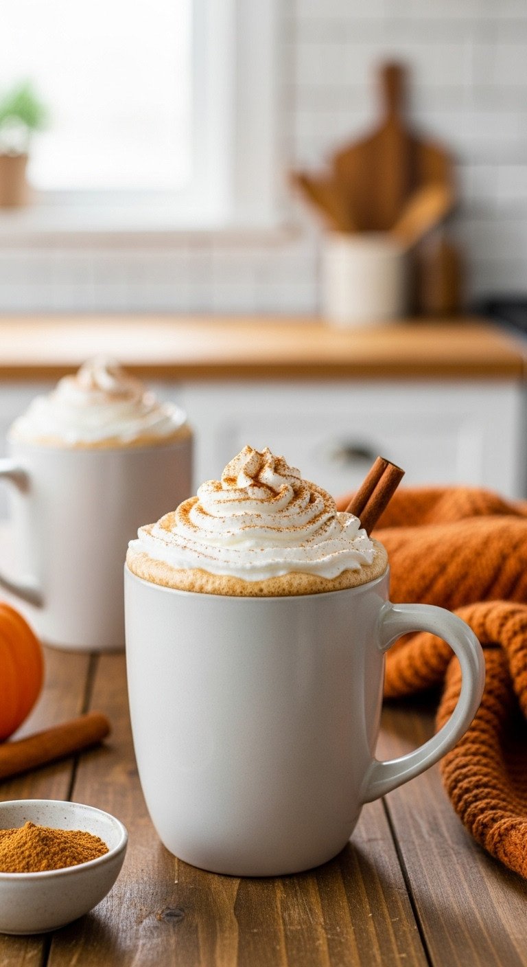 9 Cozy Pumpkin Coffee Fall Recipes Beyond Starbucks Lattes 1 Perfect Homemade Pumpkin Spice Latte in a ceramic mug with whipped cream cinnamon stick pumpkin pie spice and knit sweater on a rustic wooden table