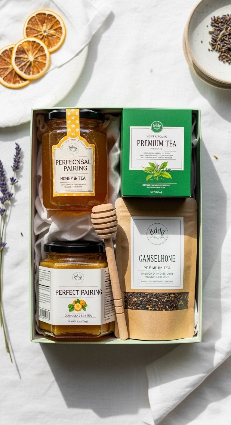 Perfect Pairing honey and tea gift box with artisanal honey tea and complementary coffee blend on white linen tablecloth