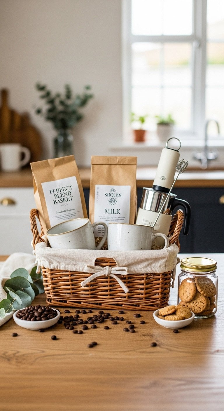 Perfect blend coffee bridal shower gift basket with mugs artisanal beans milk frother and gourmet biscuits on a rustic table