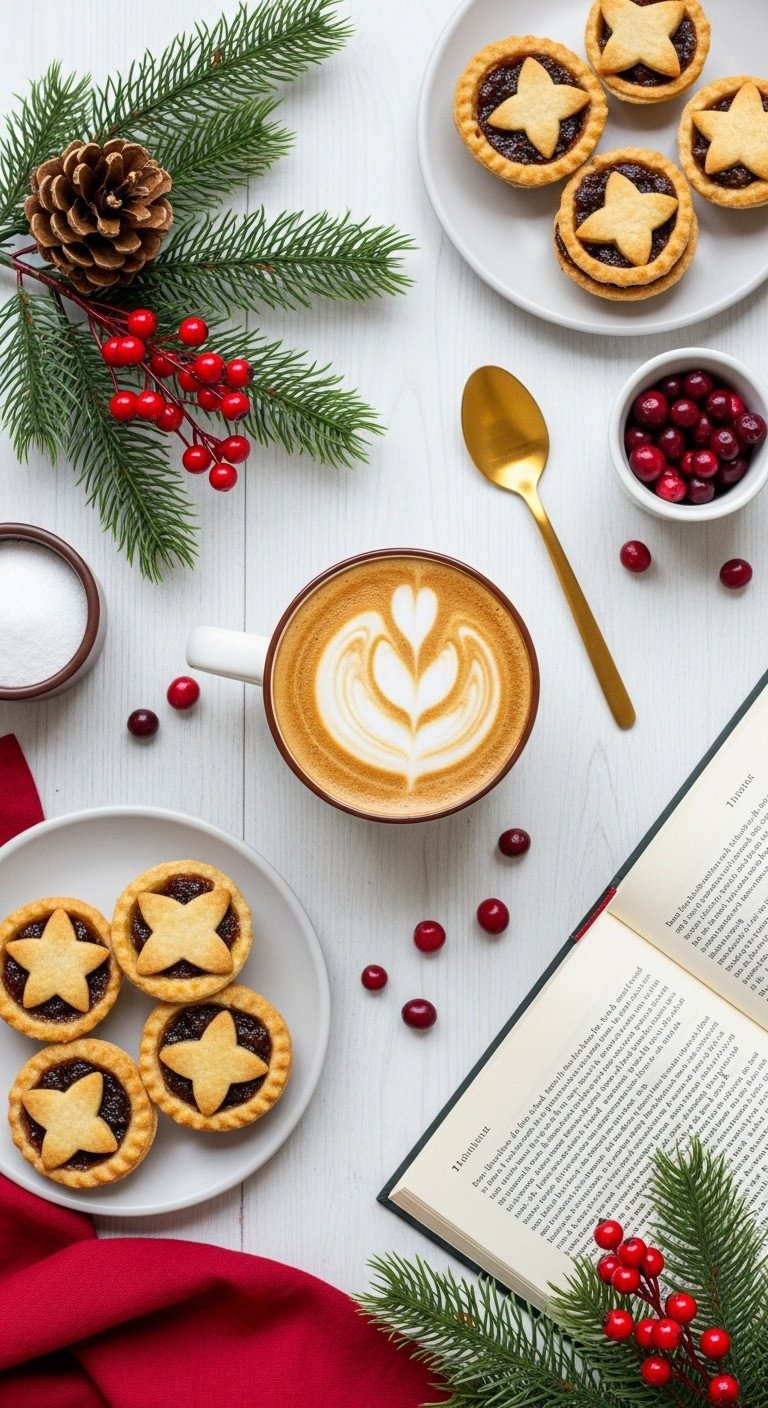 Perfect overhead Christmas coffee flat lay with latte art mug mince pies cranberries gold spoon and open book on white wood